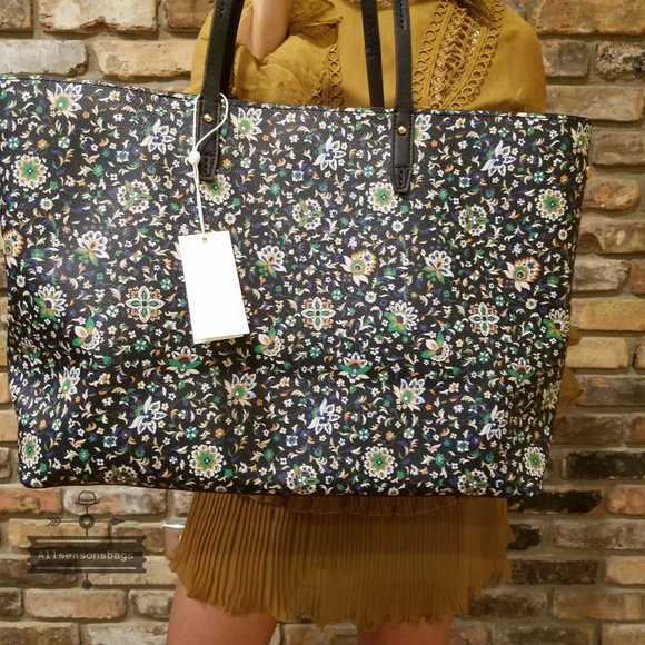 AUTHENTIC AND NEW  Tory Burch Kerrington Square Tote Navy Floral - Picture 6 of 8
